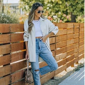 Vici Jonas Pocketed Faux Leather Shacket in Ecru